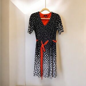 🗽Size4 R&K Navy blue white polkadot Orange waist Belt Knee Length Vintage Style